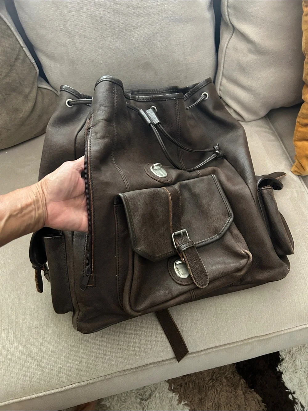 Brown Leather Men/women Backpack - Classic Drawstring Rucksack